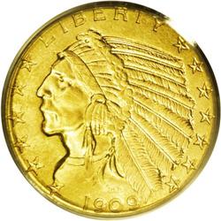 1909-D $5 MS64 PCGS. Pale orange-gold patina cedes on 