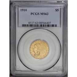 1910 $5 MS62 PCGS. This satiny mustard-gold piece has 