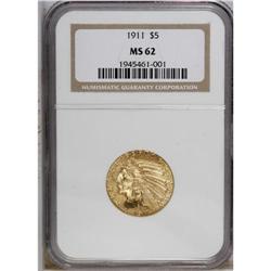 1911 $5 MS62 NGC. The yellow-gold surfaces have strong 