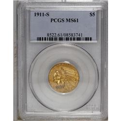 1911-S $5 MS61 PCGS. The green-accented yellow-orange 