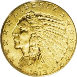 1913 $5 MS63 PCGS. The straw-gold surfaces show a few 