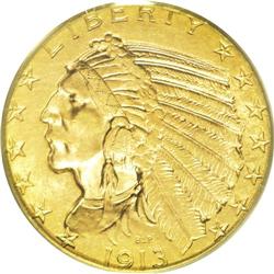 1913 $5 MS64 PCGS. This shimmering orange-gold type co 
