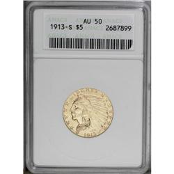 1913-S $5 AU50 ANACS. Slight wear and a few scattered 