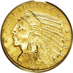 1914 $5 MS63 PCGS. Rich lemon-gold toning adds to the 