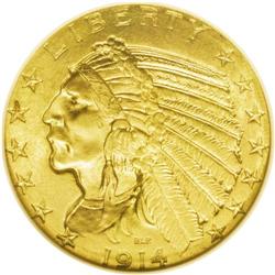 1914 $5 MS64 NGC. The fine-grained honey-gold surfaces 