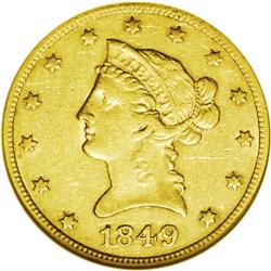 1849 $10 AU50 NGC. Breen-6888. Described as an overdat 