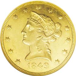 1849 $10 MS63 NGC. Although the present No Motto eagle 