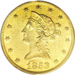 1853-O $10 AU58 PCGS. An original green-gold piece wit 