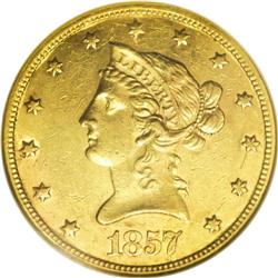 1857 $10 AU58 NGC. The centers have a good strike, whi 