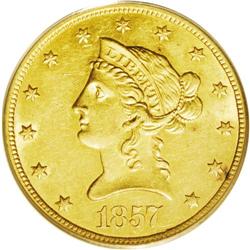 1857-O $10 AU58 PCGS. With a mintage figure of just 5, 