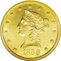 1858-S $10 AU58 NGC. The 1858-S Liberty eagle is of su 