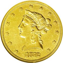 1872 $10 --Cleaned--ANACS. AU55 Details. The bright yel 