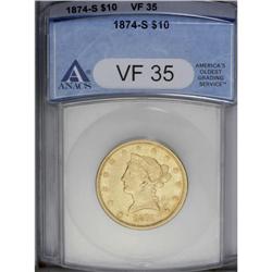 1874-S $10 VF35 ANACS. A Choice VF piece with light to 