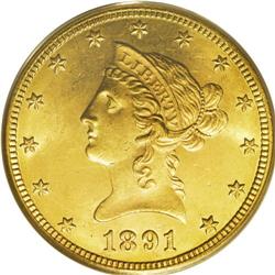 1891-CC $10 MS62 PCGS. Breen-7035. Both C''s in the mi 