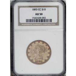1893-CC $10 AU50 NGC. A subtly lustrous orange-gold co 