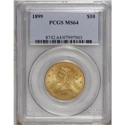 1899 $10 MS64 PCGS. This gently shimmering gold type c 