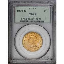 1901-S $10 MS63 PCGS. Orange and sky-blue shades enric 
