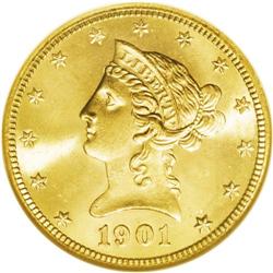 1901-S $10 MS65 NGC. Broad repunching is noted along t 