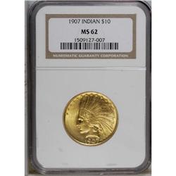 1907 $10 No Periods MS62 NGC. The lemon-yellow surface 