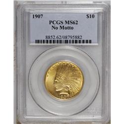 1907 $10 No Periods MS62 PCGS. The lemon-yellow surfac 