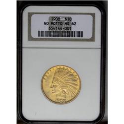 1908 $10 No Motto MS62 NGC. A satiny orange-gold examp 