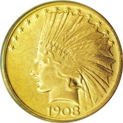 1908 $10 No Motto MS64 PCGS. A satiny near-Gem with sh 