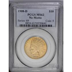 1908-D $10 No Motto MS62 PCGS. A lustrous and lightly 