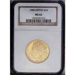 1908 $10 Motto MS62 NGC. The pale straw-gold surfaces 