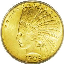 1908 $10 Motto MS63 PCGS. Pretty yellow-gold surfaces 