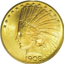 1908 $10 Motto MS64 PCGS. A lovely, shimmering example 