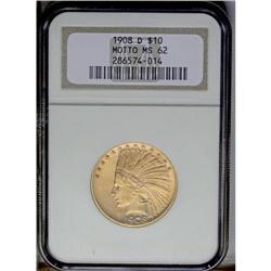 1908-D $10 Motto MS62 NGC. Subtle violet accents appea 