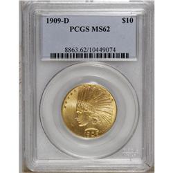 1909-D $10 MS62 PCGS. A lustrous yellow-gold piece, ty 