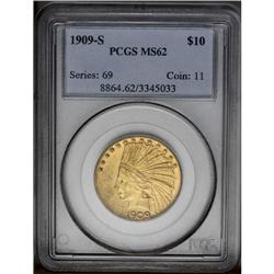 1909-S $10 MS62 PCGS. A softly struck yellow-orange ex 