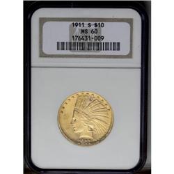1911-S $10 MS60 NGC. The yellow-orange surfaces have a 