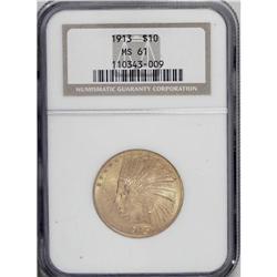 1913 $10 MS61 NGC. The yellow-orange surfaces have gre 