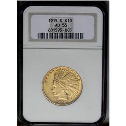 1915-S $10 AU55 NGC. A still-lustrous piece with light 
