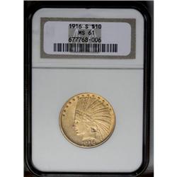 1916-S $10 MS61 NGC. A well struck wheat-gold example 