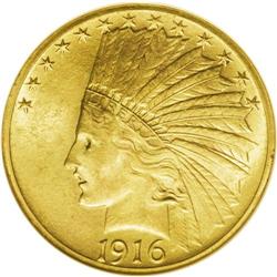 1916-S $10 MS63 NGC. An attractive orange-gold example 