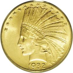 1932 $10 MS64 PCGS. Lovely orange-gold and rose toning 