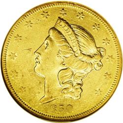 1850-O $20 AU55 NGC. Beginning in 1850 with the advent 