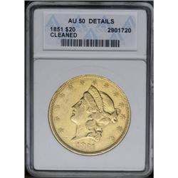 1851 $20 --Cleaned--ANACS. AU50 Details. A lightly worn 