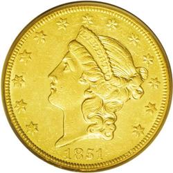 1851-O $20 AU55 PCGS. Glimpses of radiant luster illum 