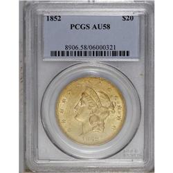 1852 $20 AU58 PCGS. A hint of friction on the sharply 