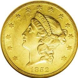 1852-O $20 AU58 NGC. Although scarce within the contex 