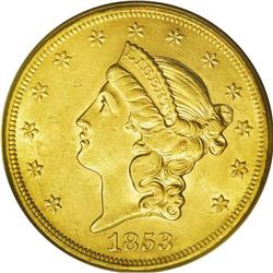 1853 $20 AU58 PCGS. Luster is prevalent, although slig 