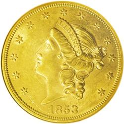 1853 $20 MS61 NGC. An intricately struck double eagle 