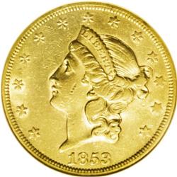 1853/2 $20 AU50 NGC. FS-301. A lightly circulated exam 