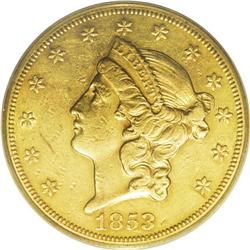 1853-O $20 AU53 PCGS. The surfaces of this moderately 
