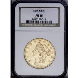 1855-S $20 AU55 NGC. This yellow-gold Choice AU piece 