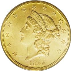 1855-S $20 MS61 PCGS. Breen-7179. Medium S mintmark, B 